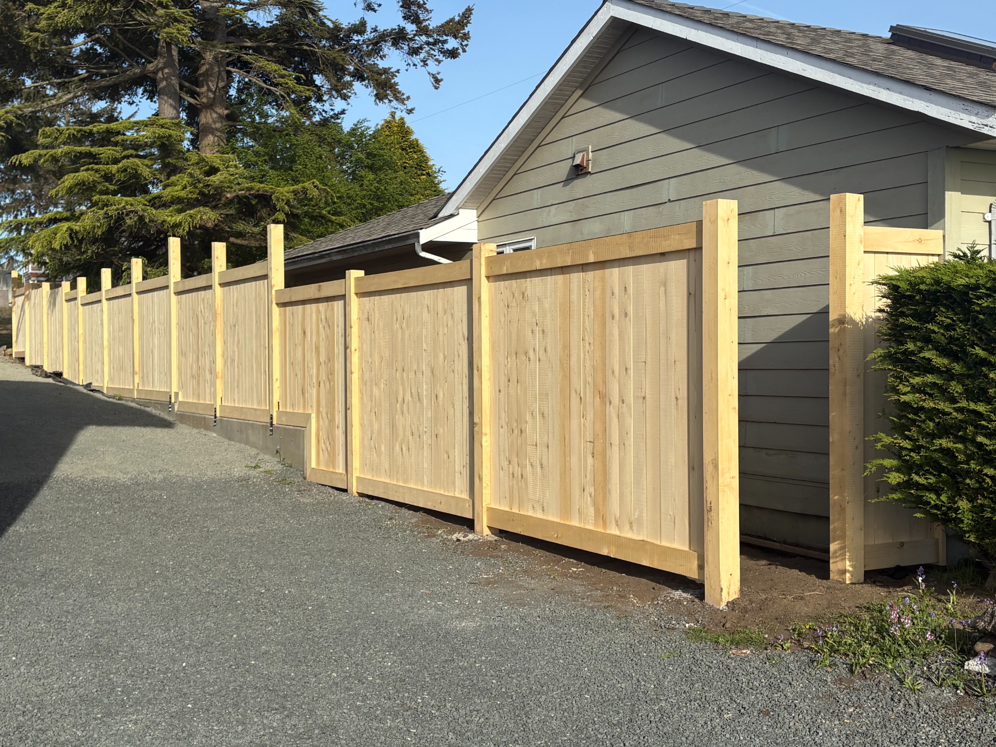 Long finished cedar privacy fence beside a home